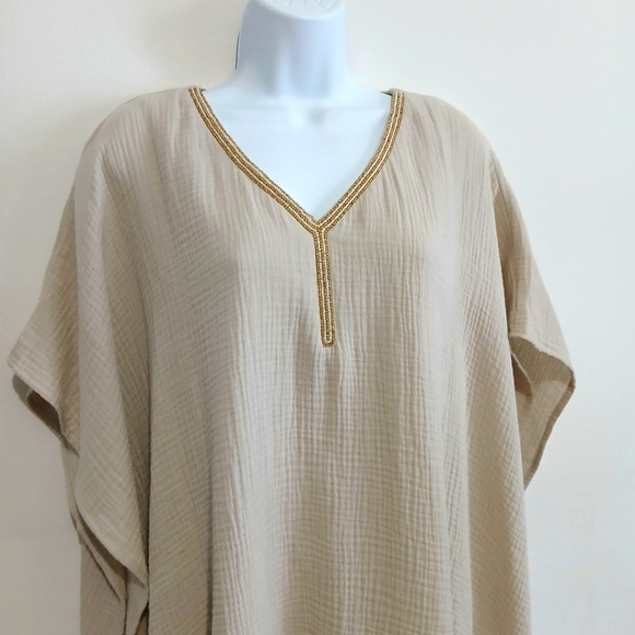 JM Collection Gauze Top Small Poncho Beaded Vacation Summer Boho Chic Tan - Picture 3 of 10